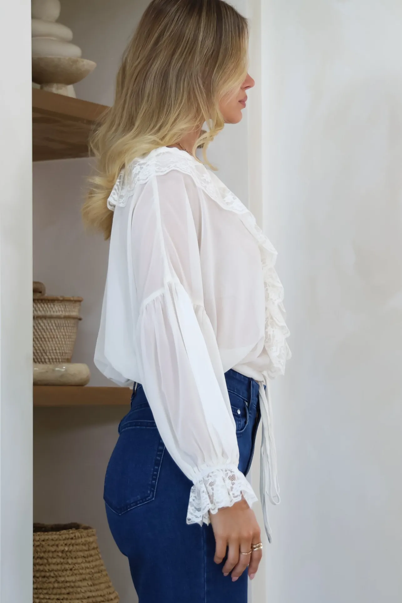 Mallin Blouse - Cascading Ruffles and Lace Crop with Balloon Sleeves in White>Salty Crush Best