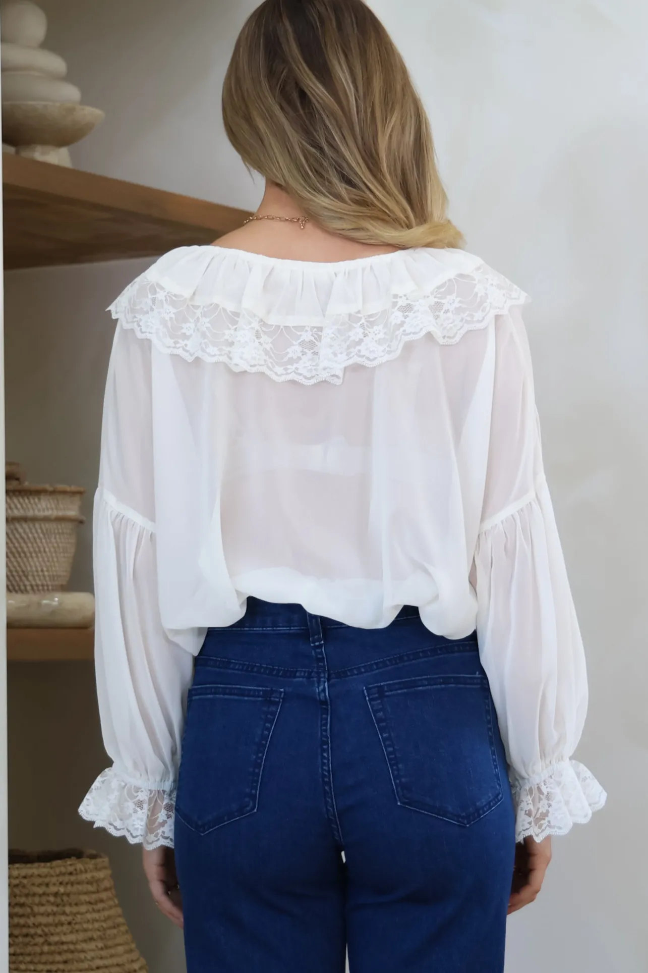 Mallin Blouse - Cascading Ruffles and Lace Crop with Balloon Sleeves in White>Salty Crush Best