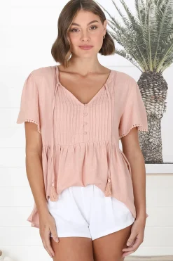 Mallory Top - Pleated Bodice Crochet Trim Cap Sleeve Smock Top in Blush>Salty Crush New