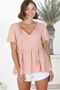 Mallory Top - Pleated Bodice Crochet Trim Cap Sleeve Smock Top in Blush><noscript><img width=