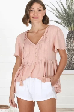Mallory Top - Pleated Bodice Crochet Trim Cap Sleeve Smock Top in Blush><noscript><img width=