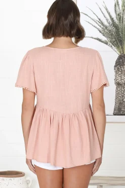 Mallory Top - Pleated Bodice Crochet Trim Cap Sleeve Smock Top in Blush><noscript><img width=