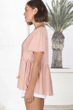 Mallory Top - Pleated Bodice Crochet Trim Cap Sleeve Smock Top in Blush><noscript><img width=
