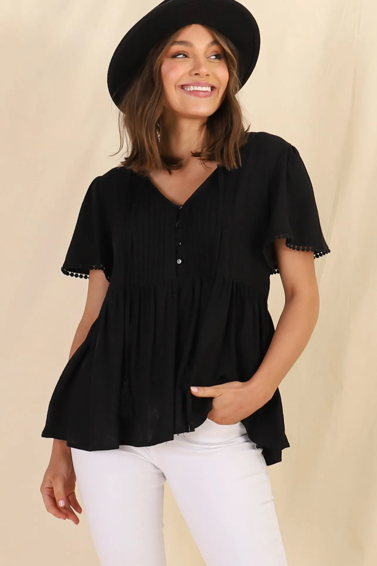 Mallory Top - Pleated Bodice Crochet Trim Cap Sleeve Smock Top in Black>Salty Crush New