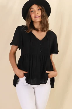 Mallory Top - Pleated Bodice Crochet Trim Cap Sleeve Smock Top in Black><noscript><img width=
