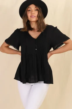 Mallory Top - Pleated Bodice Crochet Trim Cap Sleeve Smock Top in Black><noscript><img width=