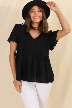 Mallory Top - Pleated Bodice Crochet Trim Cap Sleeve Smock Top in Black><noscript><img width=