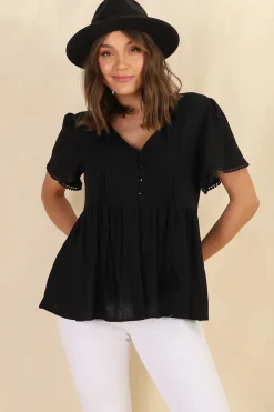 Mallory Top - Pleated Bodice Crochet Trim Cap Sleeve Smock Top in Black><noscript><img width=