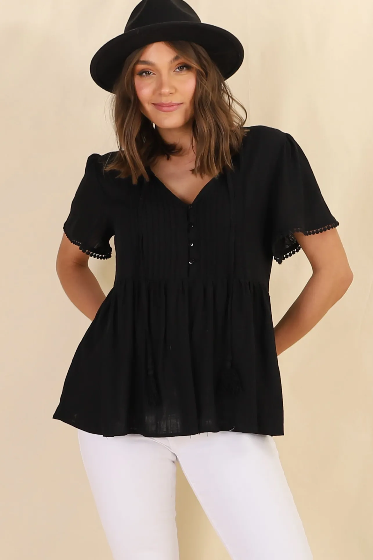 Mallory Top - Pleated Bodice Crochet Trim Cap Sleeve Smock Top in Black>Salty Crush New