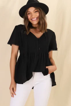 Mallory Top - Pleated Bodice Crochet Trim Cap Sleeve Smock Top in Black><noscript><img width=
