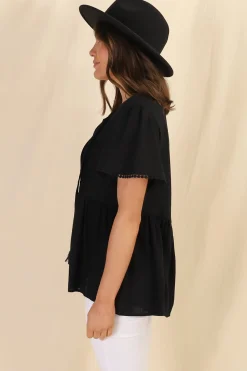 Mallory Top - Pleated Bodice Crochet Trim Cap Sleeve Smock Top in Black><noscript><img width=