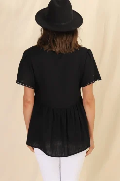 Mallory Top - Pleated Bodice Crochet Trim Cap Sleeve Smock Top in Black><noscript><img width=