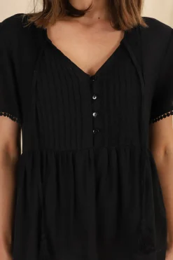 Mallory Top - Pleated Bodice Crochet Trim Cap Sleeve Smock Top in Black><noscript><img width=