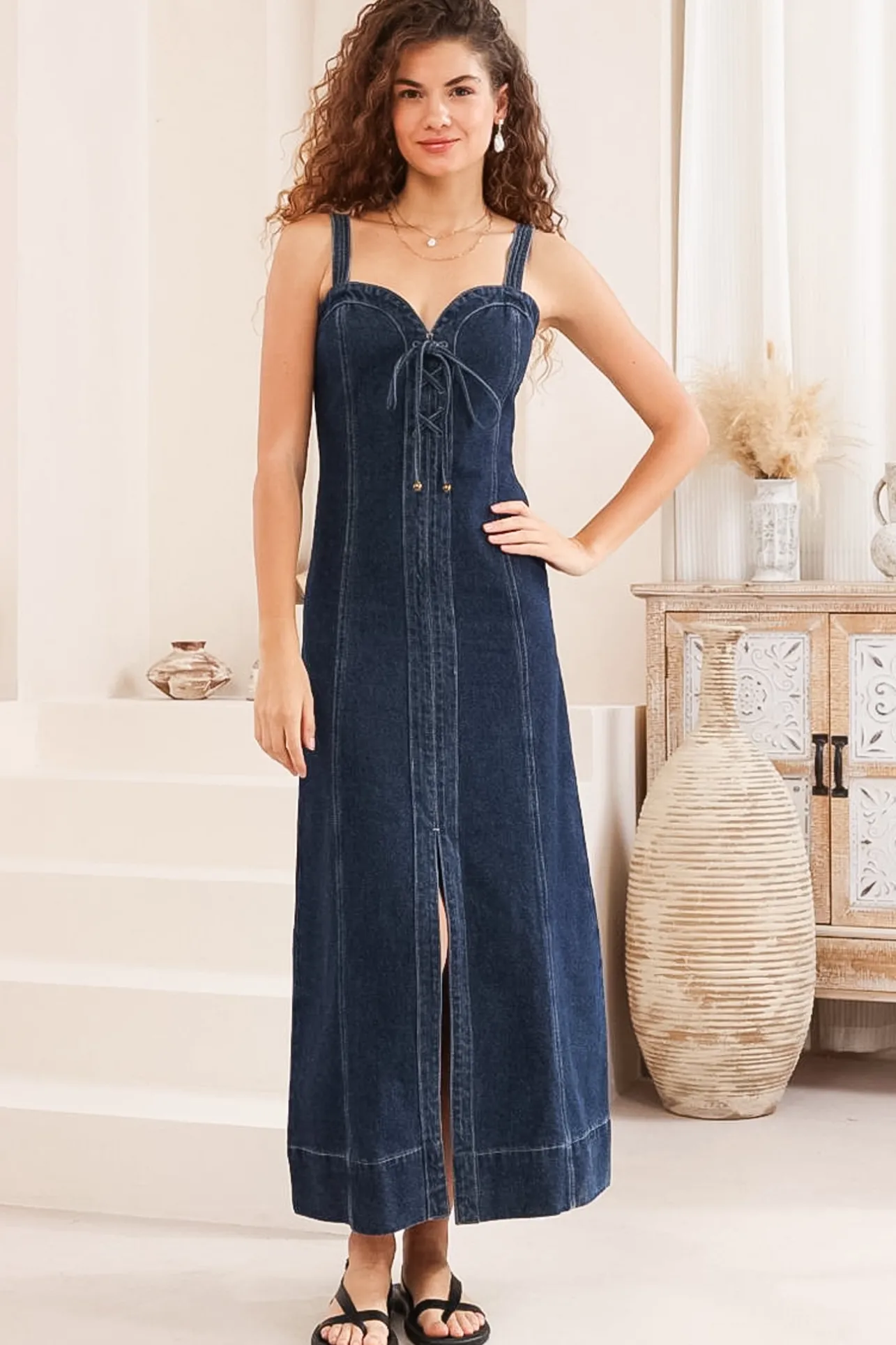 Malone Maxi Dress - Sweetheart Neckline Denim Dress in Dark Denim>Salty Crush Hot