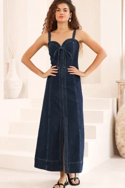 Malone Maxi Dress - Sweetheart Neckline Denim Dress in Dark Denim><noscript><img width=