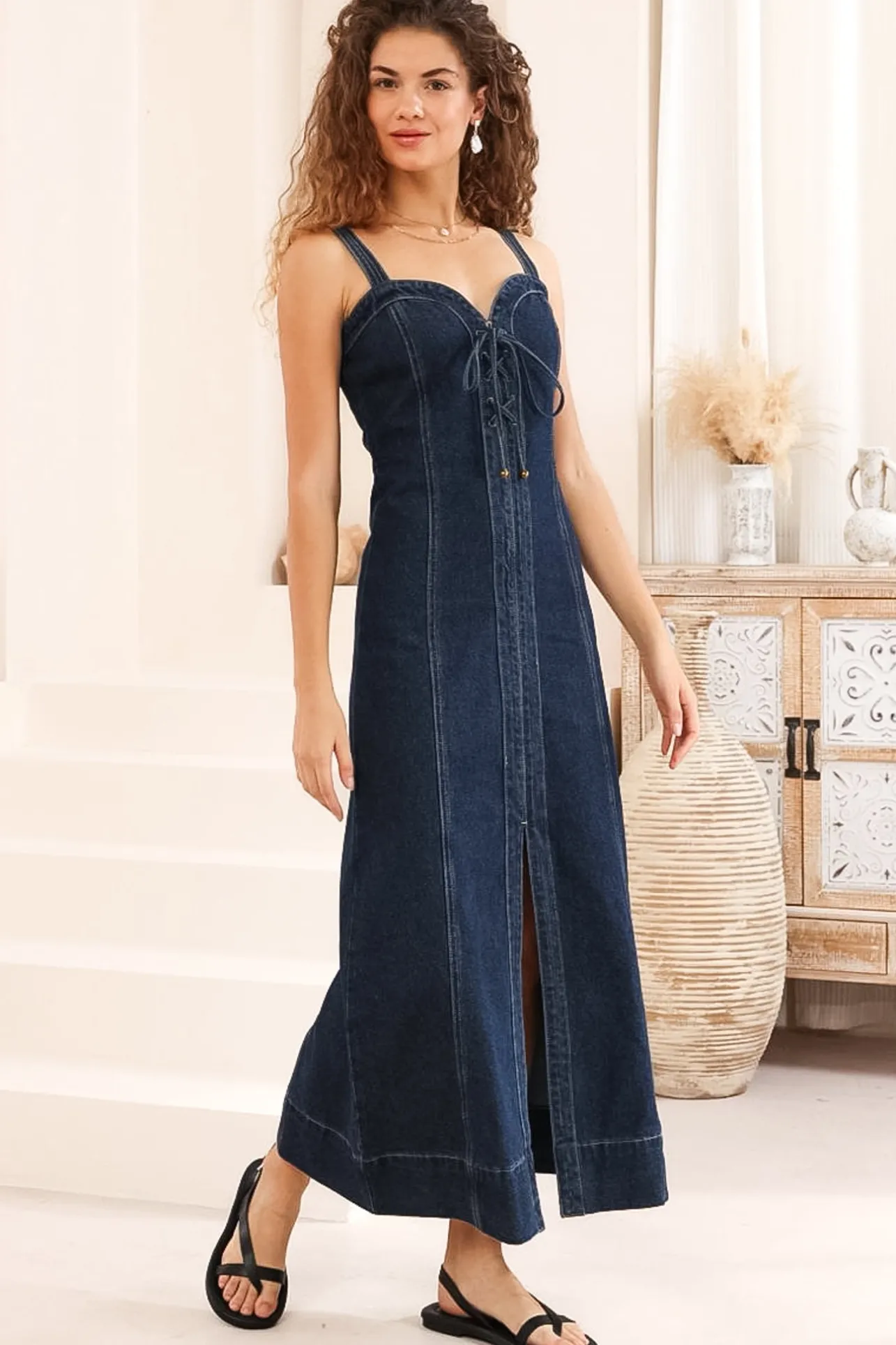 Malone Maxi Dress - Sweetheart Neckline Denim Dress in Dark Denim>Salty Crush Hot