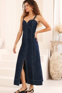 Malone Maxi Dress - Sweetheart Neckline Denim Dress in Dark Denim><noscript><img width=