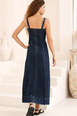 Malone Maxi Dress - Sweetheart Neckline Denim Dress in Dark Denim><noscript><img width=