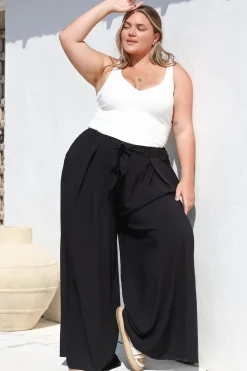 Malta Pants - High Waisted Wide Leg Pants with Tie Waist in Black>Salty Crush Clearance