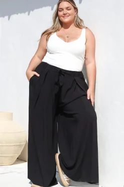 Malta Pants - High Waisted Wide Leg Pants with Tie Waist in Black><noscript><img width=