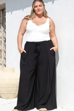 Malta Pants - High Waisted Wide Leg Pants with Tie Waist in Black><noscript><img width=