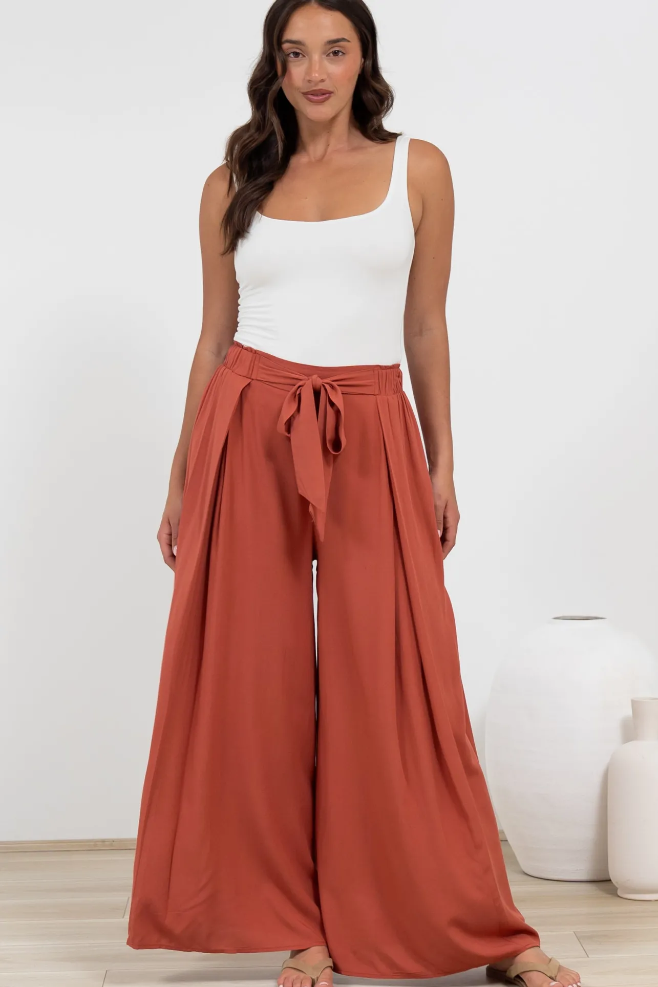 Malta Pants - High Waisted Wide Leg Pants with Tie Waist in Rust>Salty Crush Clearance
