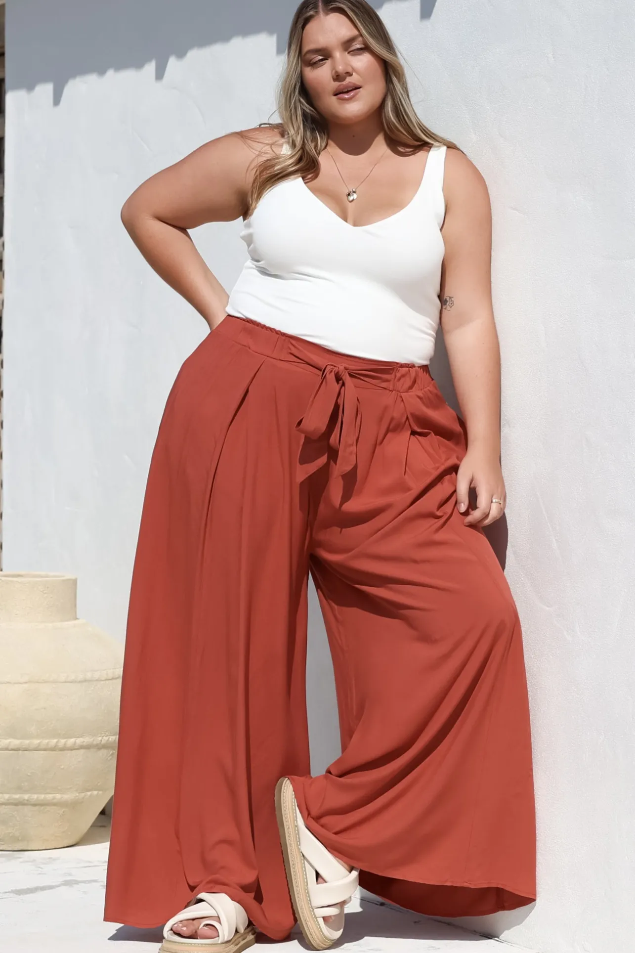 Malta Pants - High Waisted Wide Leg Pants with Tie Waist in Rust>Salty Crush Clearance