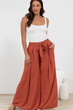 Malta Pants - High Waisted Wide Leg Pants with Tie Waist in Rust><noscript><img width=
