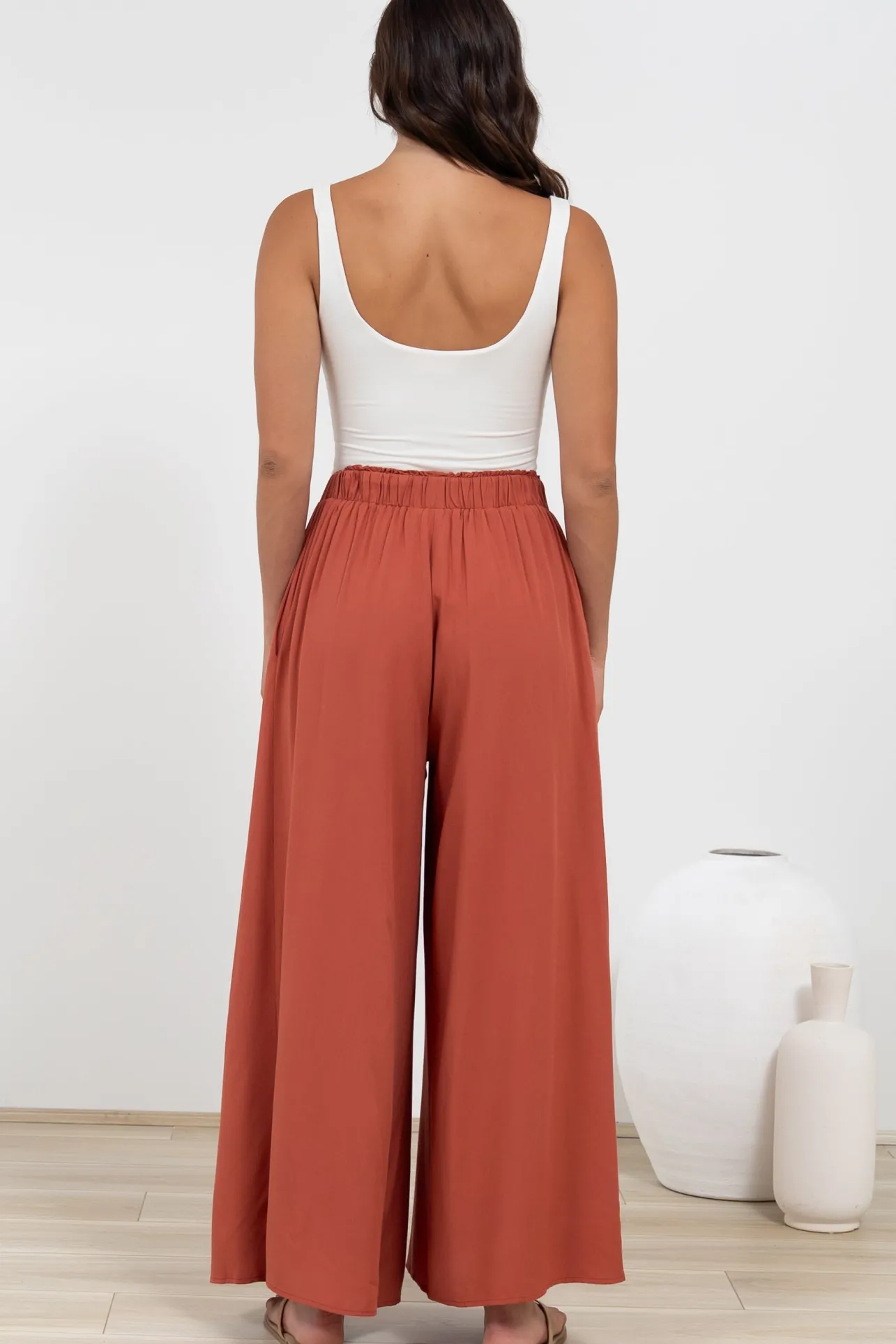 Malta Pants - High Waisted Wide Leg Pants with Tie Waist in Rust>Salty Crush Clearance