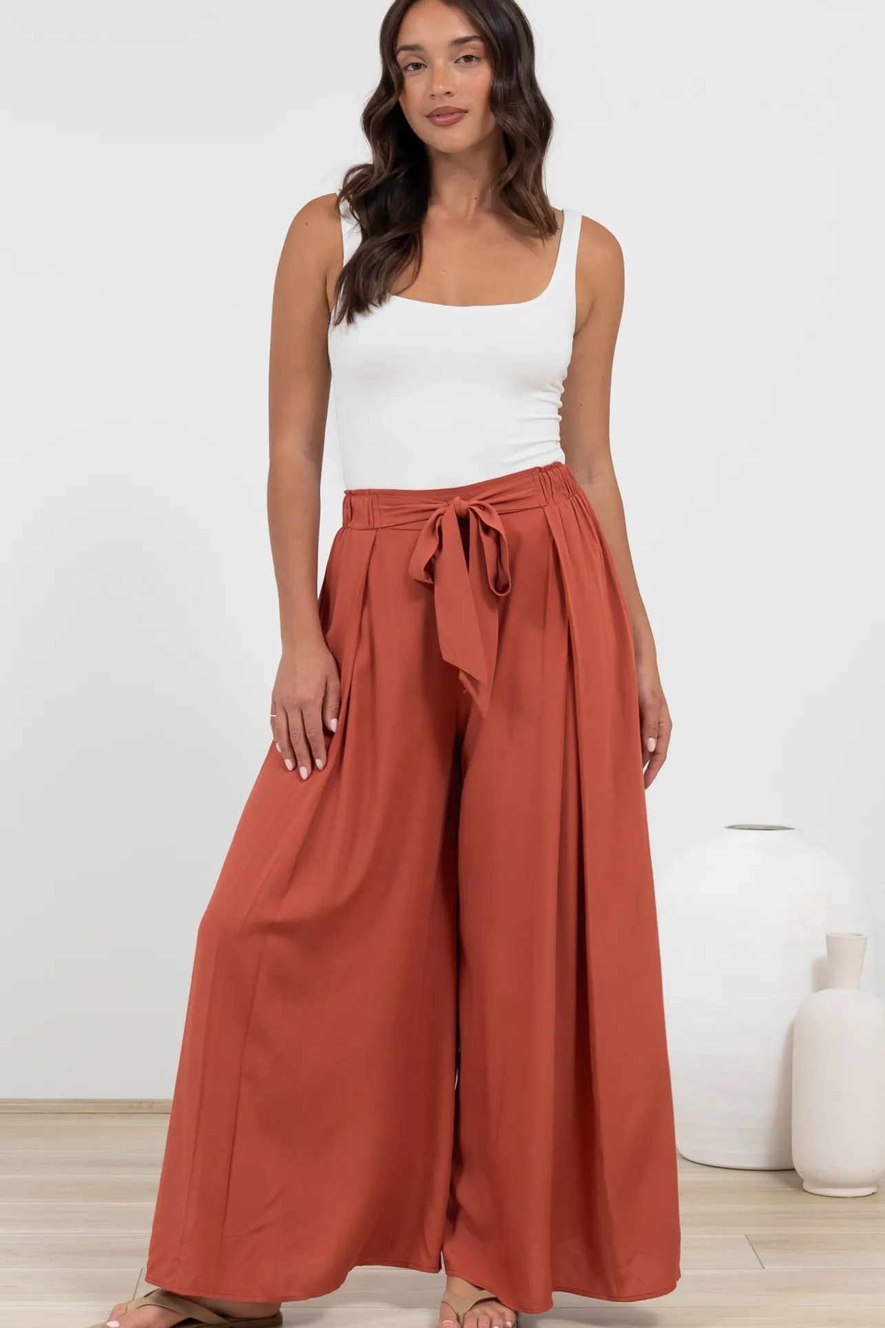 Malta Pants - High Waisted Wide Leg Pants with Tie Waist in Rust>Salty Crush Clearance