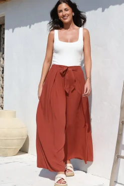Malta Pants - High Waisted Wide Leg Pants with Tie Waist in Rust><noscript><img width=