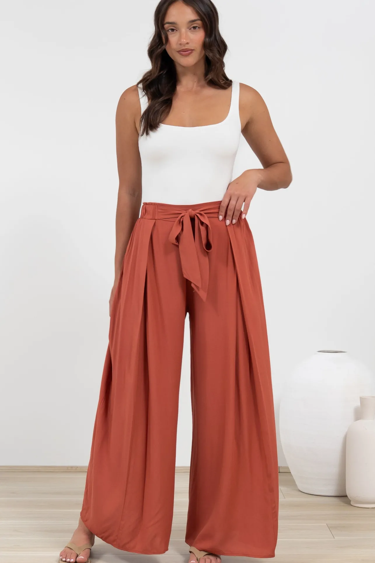 Malta Pants - High Waisted Wide Leg Pants with Tie Waist in Rust>Salty Crush Clearance