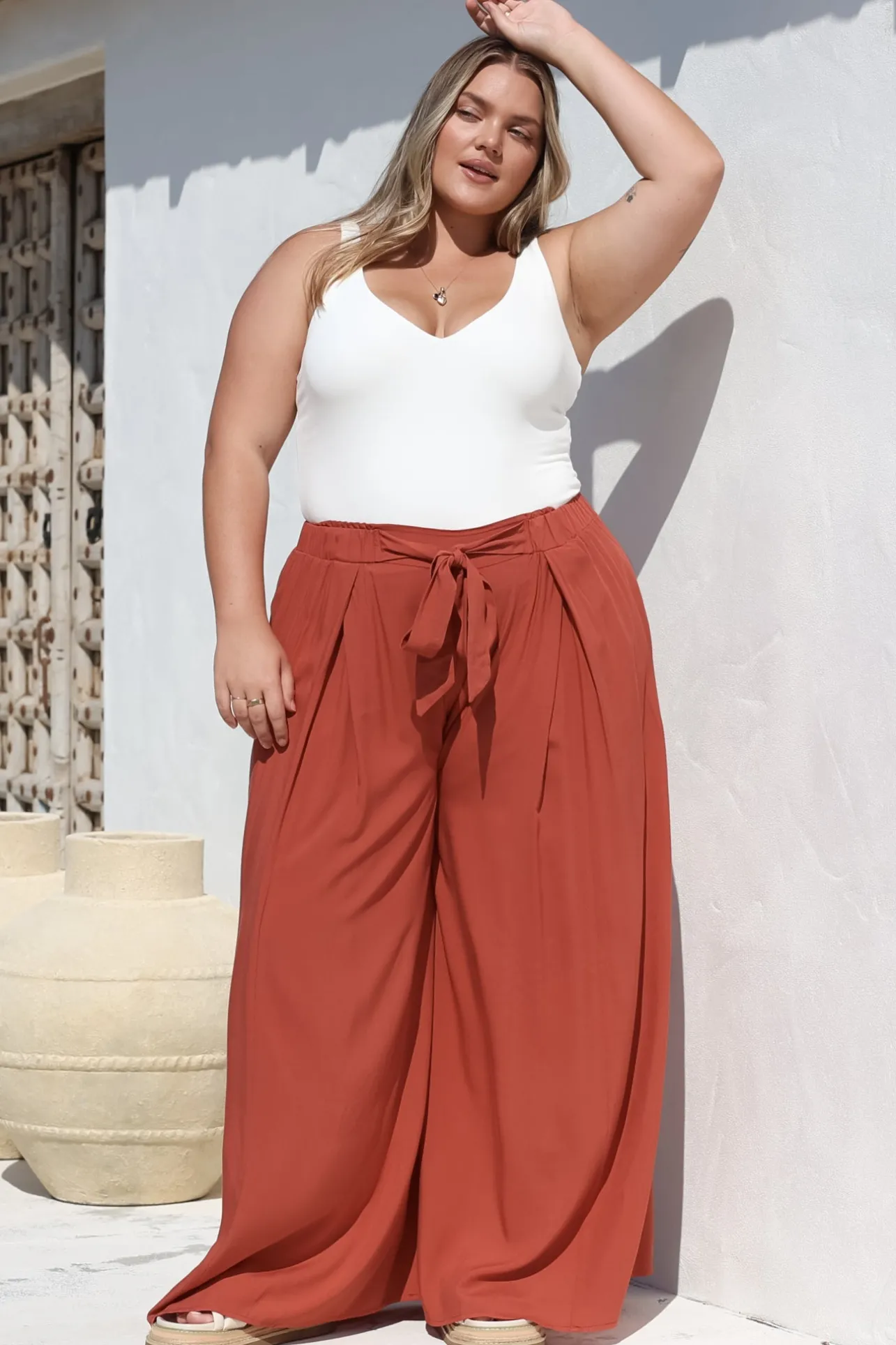 Malta Pants - High Waisted Wide Leg Pants with Tie Waist in Rust>Salty Crush Clearance