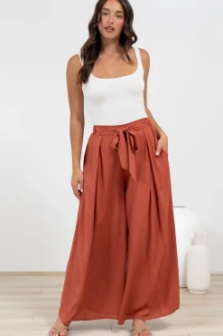Malta Pants - High Waisted Wide Leg Pants with Tie Waist in Rust><noscript><img width=