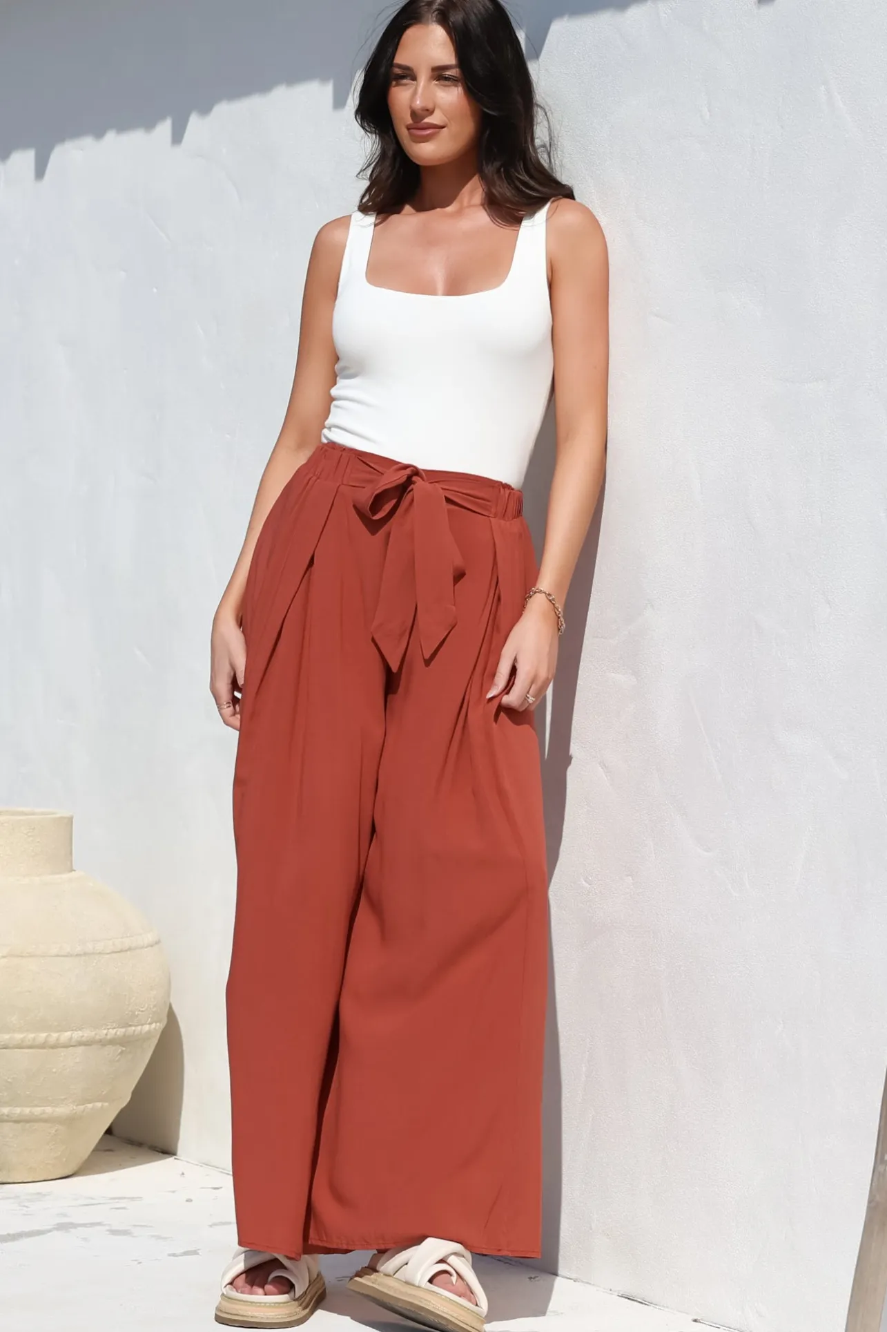 Malta Pants - High Waisted Wide Leg Pants with Tie Waist in Rust>Salty Crush Clearance