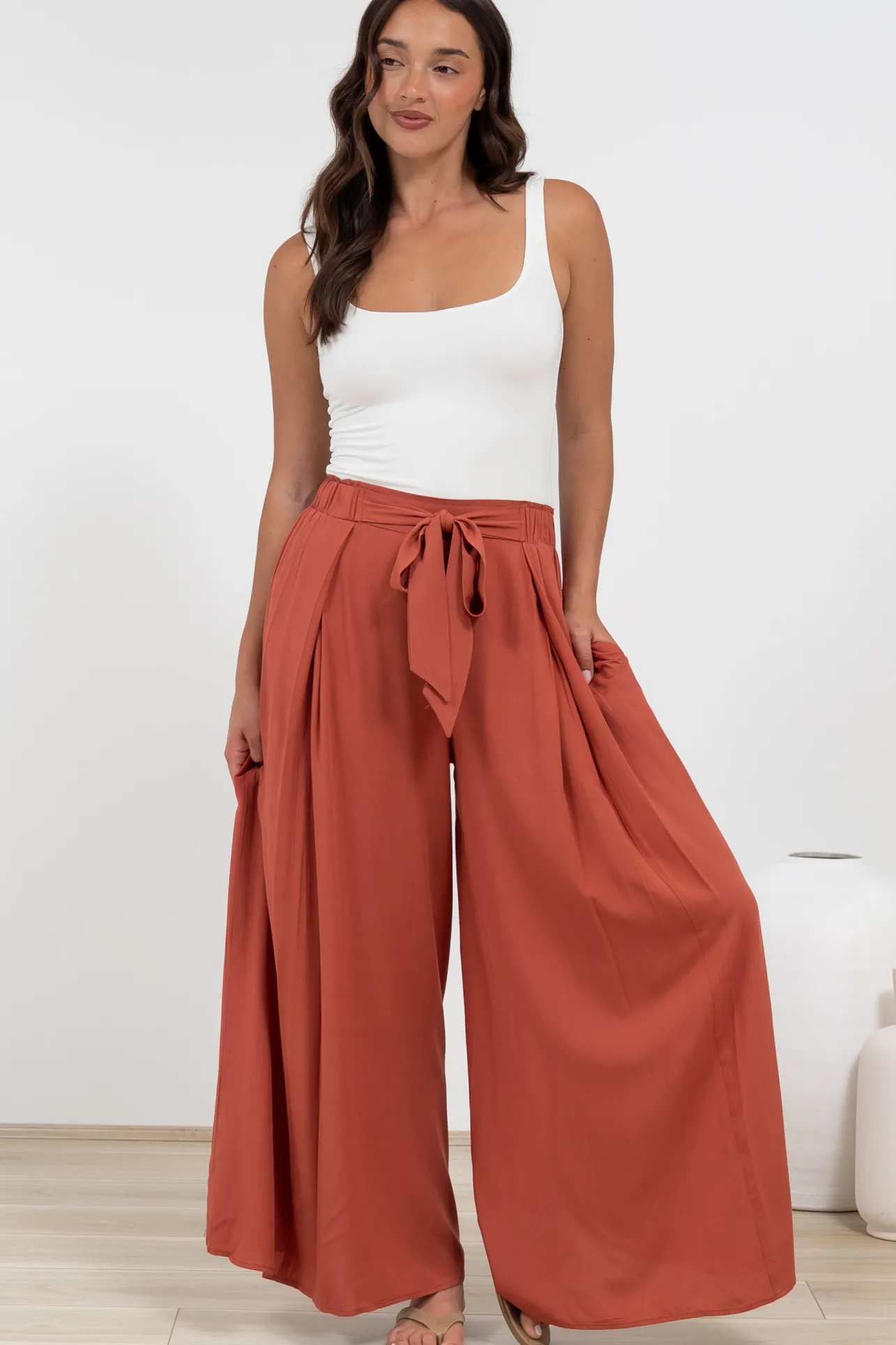 Malta Pants - High Waisted Wide Leg Pants with Tie Waist in Rust>Salty Crush Clearance