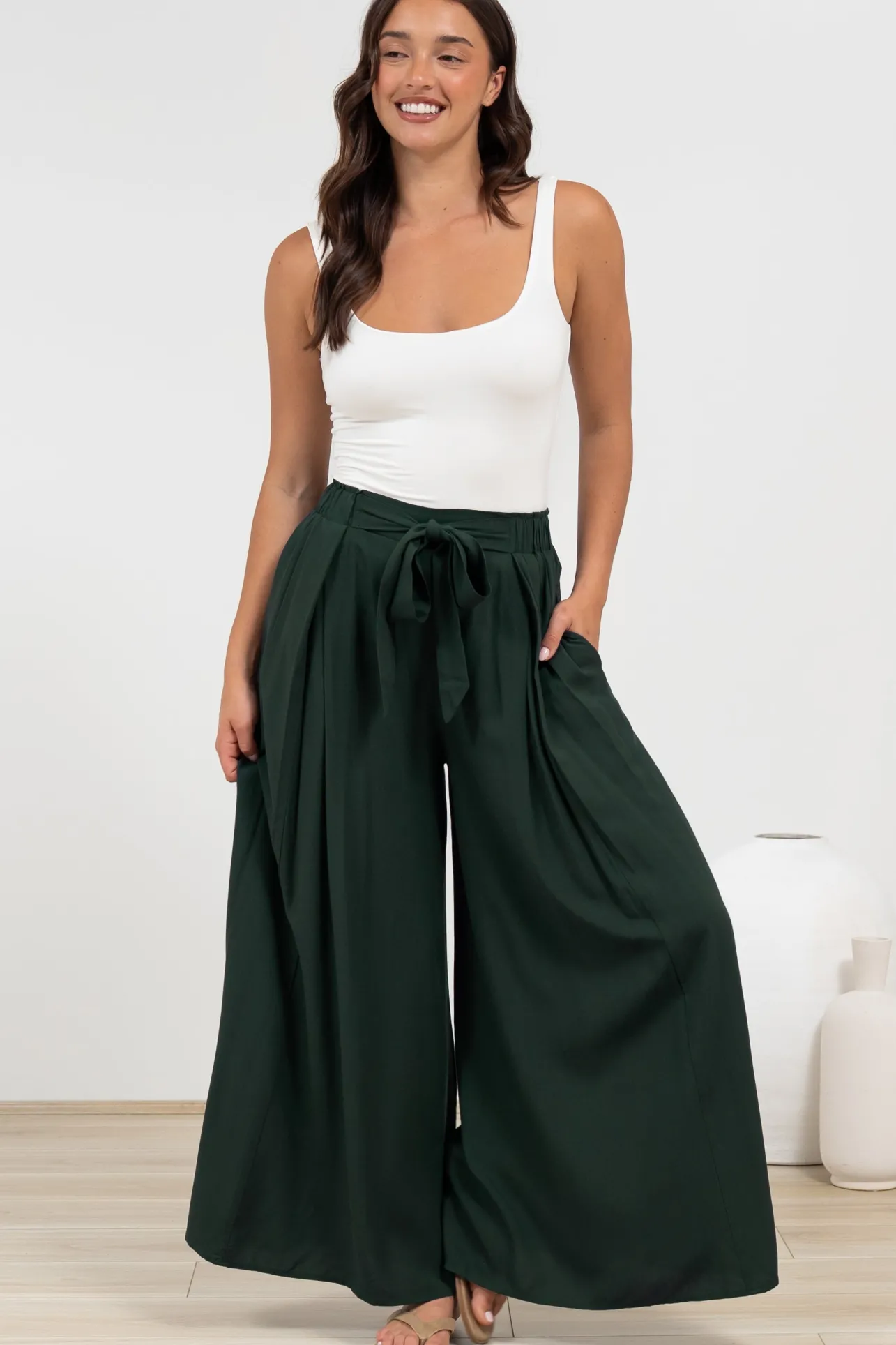 Malta Pants - High Waisted Wide Leg Pants with Tie Waist in Emerald>Salty Crush Outlet