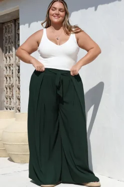Malta Pants - High Waisted Wide Leg Pants with Tie Waist in Emerald>Salty Crush Outlet