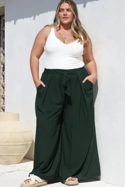 Malta Pants - High Waisted Wide Leg Pants with Tie Waist in Emerald><noscript><img width=