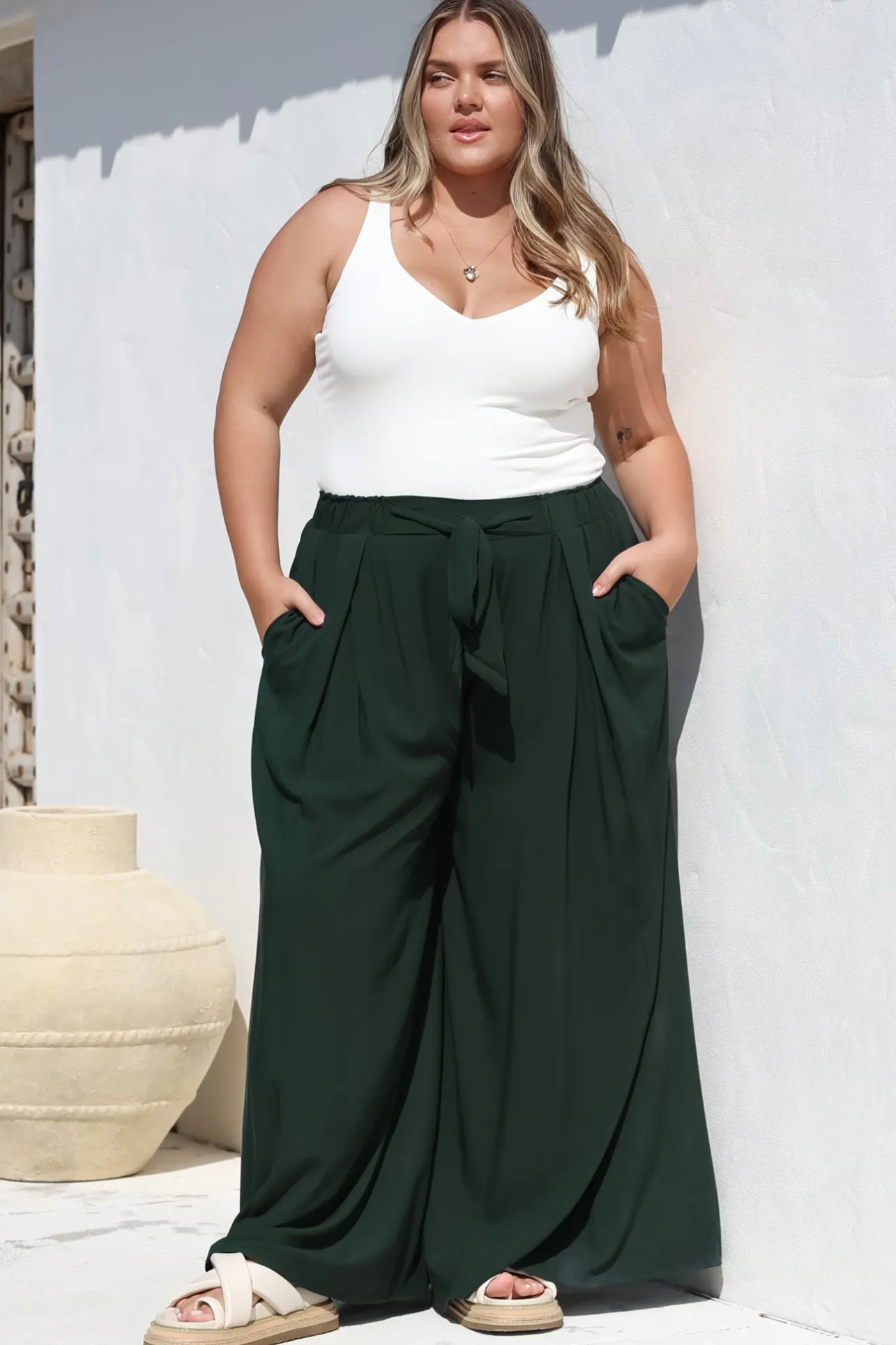 Malta Pants - High Waisted Wide Leg Pants with Tie Waist in Emerald>Salty Crush Outlet