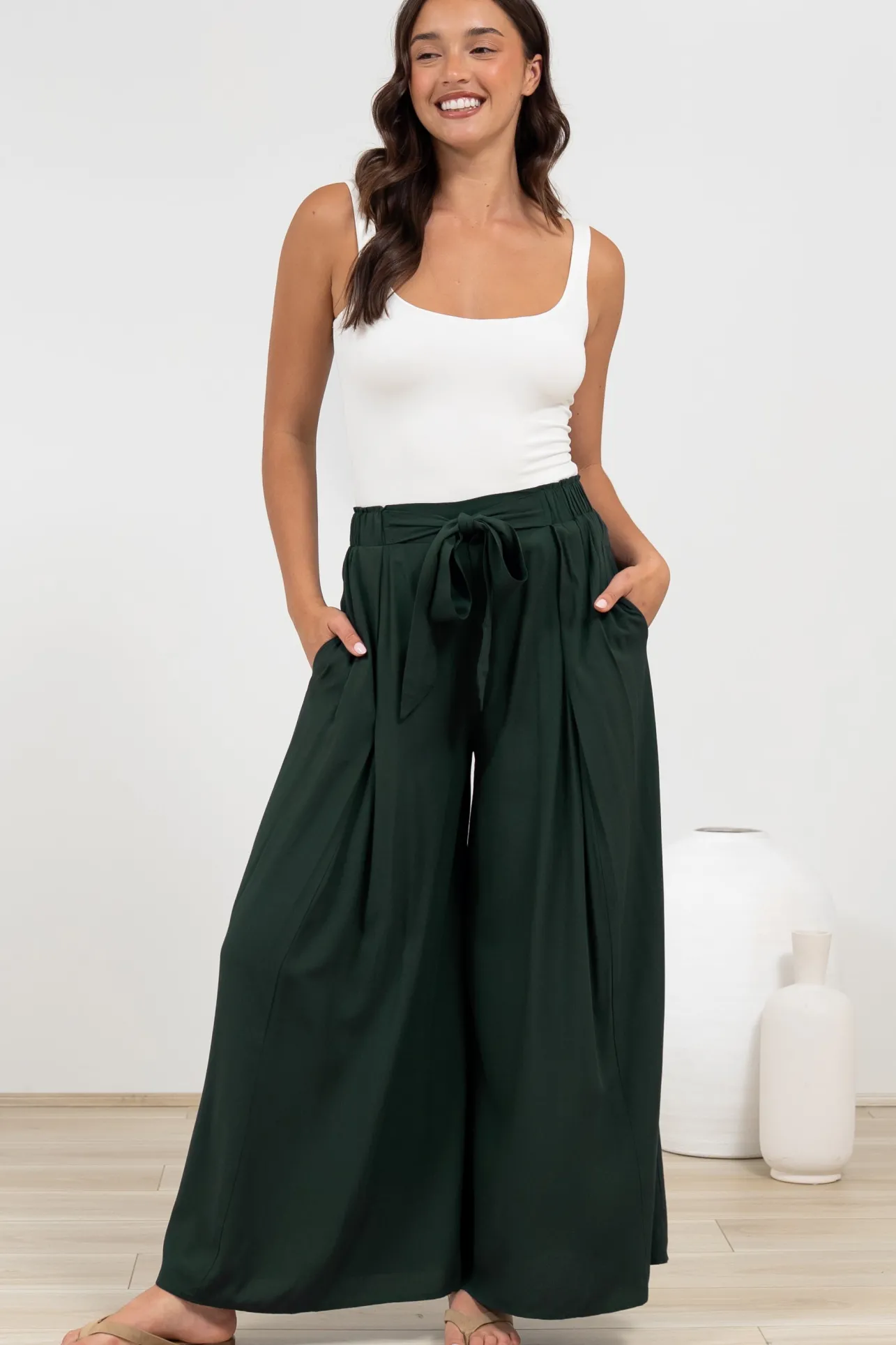 Malta Pants - High Waisted Wide Leg Pants with Tie Waist in Emerald>Salty Crush Outlet