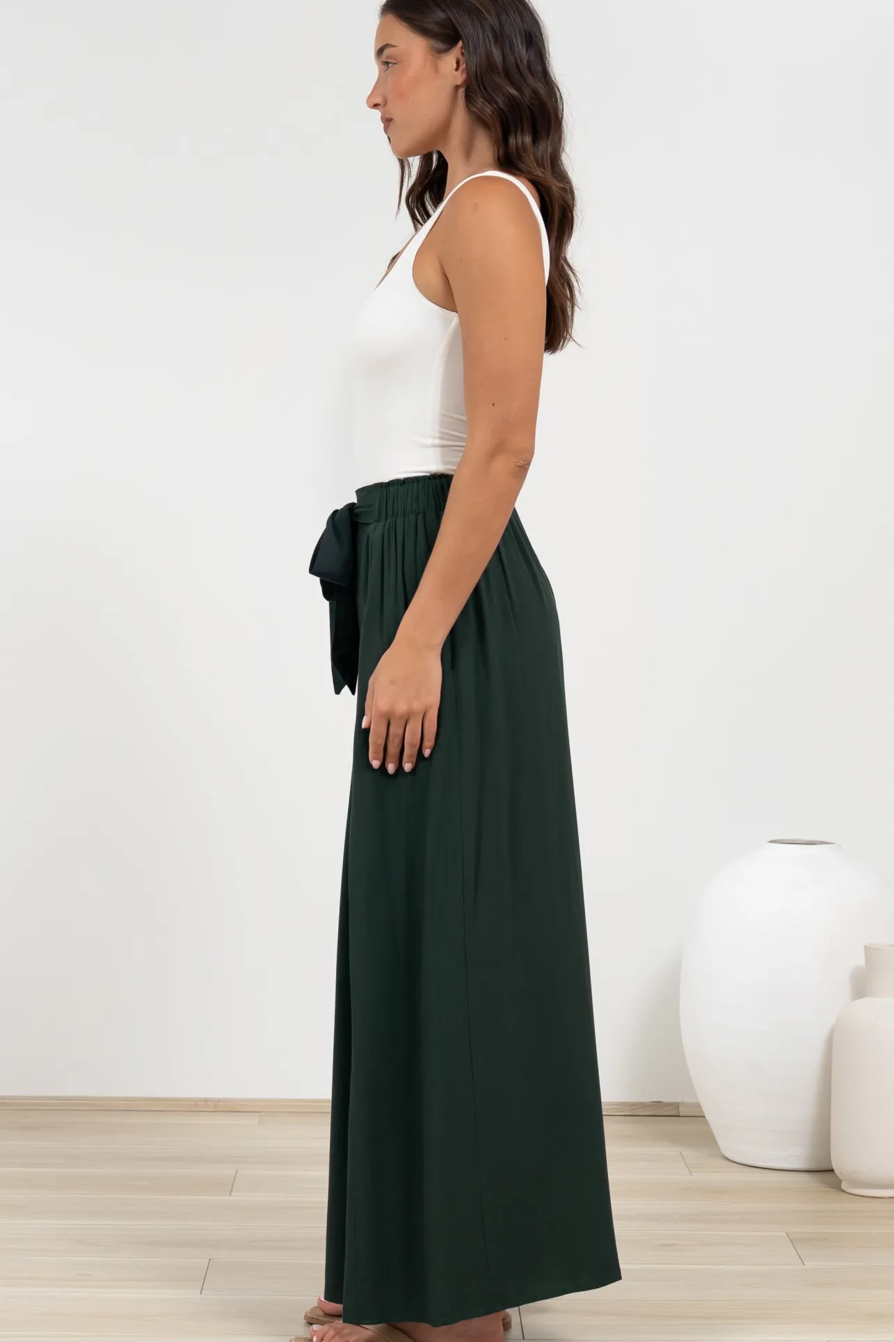 Malta Pants - High Waisted Wide Leg Pants with Tie Waist in Emerald>Salty Crush Outlet