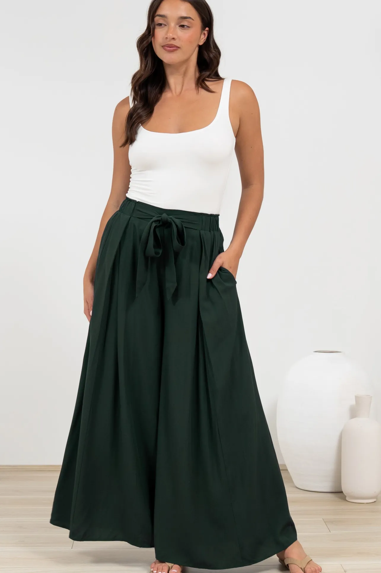 Malta Pants - High Waisted Wide Leg Pants with Tie Waist in Emerald>Salty Crush Outlet