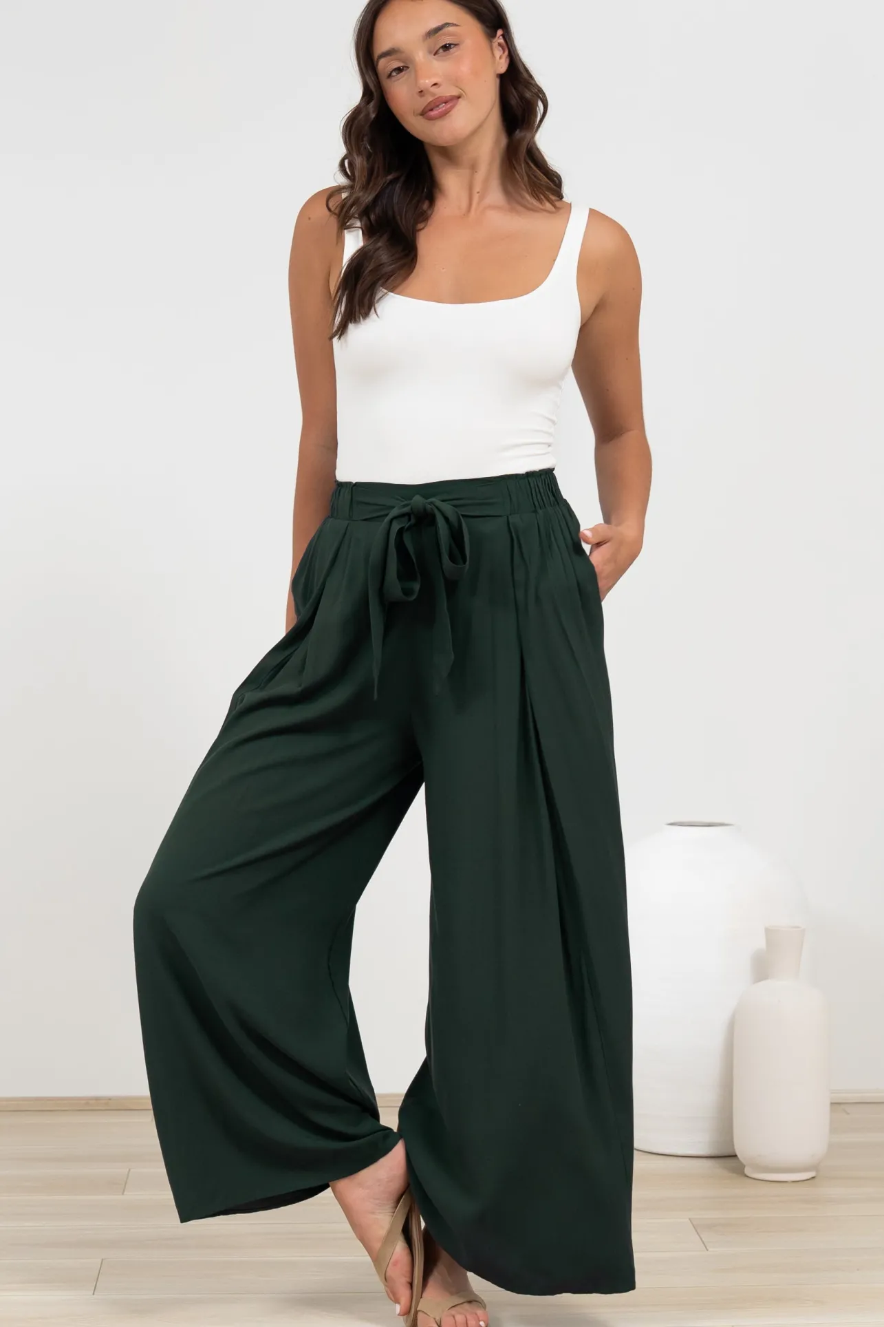 Malta Pants - High Waisted Wide Leg Pants with Tie Waist in Emerald>Salty Crush Outlet