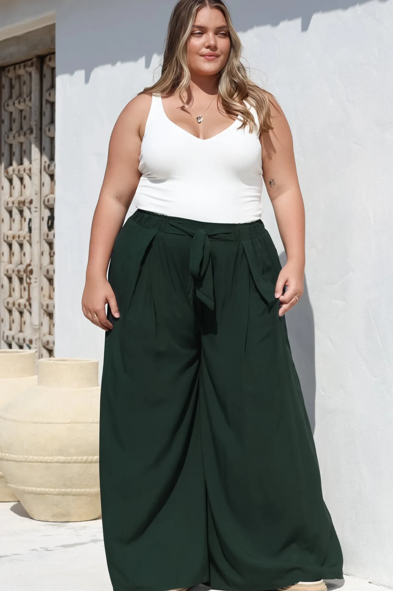 Malta Pants - High Waisted Wide Leg Pants with Tie Waist in Emerald>Salty Crush Outlet