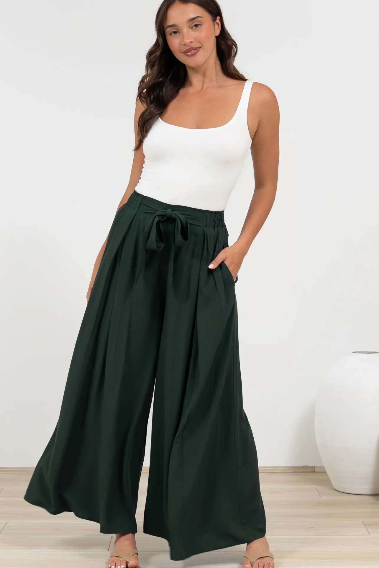 Malta Pants - High Waisted Wide Leg Pants with Tie Waist in Emerald>Salty Crush Outlet