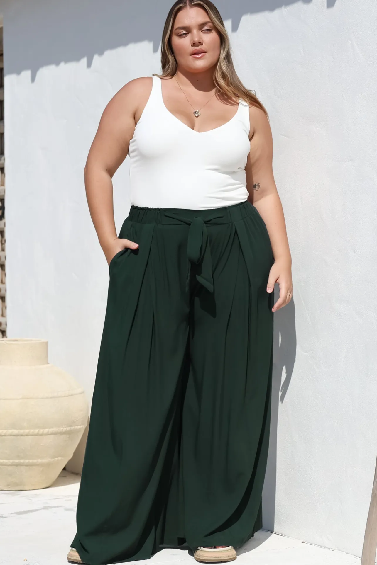 Malta Pants - High Waisted Wide Leg Pants with Tie Waist in Emerald>Salty Crush Outlet