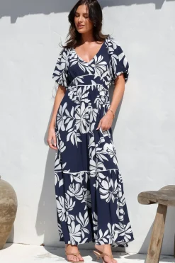 Manaya Maxi Dress - Soft V Neck Tiered Dress with Short Balloon Sleeves in Charlene Print Navy><noscript><img width=