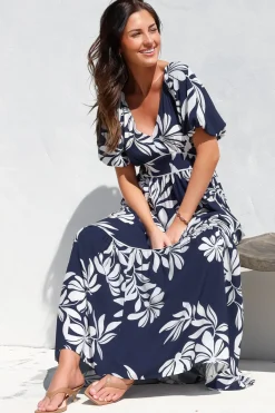 Manaya Maxi Dress - Soft V Neck Tiered Dress with Short Balloon Sleeves in Charlene Print Navy><noscript><img width=