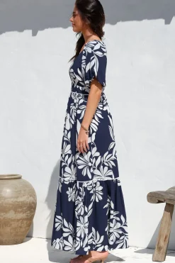 Manaya Maxi Dress - Soft V Neck Tiered Dress with Short Balloon Sleeves in Charlene Print Navy><noscript><img width=